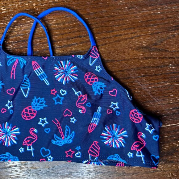Wonder Nation Girls Swim Top XXL/18 Navy Blue Neon Fireworks Flamingo Print High - Picture 3 of 7